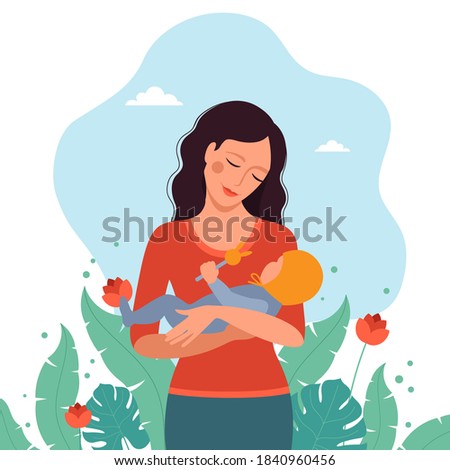 Mom looks at the baby and holds the baby in her arms. Vector illustration in flat style.