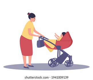Mom looks at the baby in the stroller. Walking mom and child. From the stroller, the child pulls the handles to the mother. Flat vector illustration.