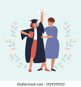 Mom looks at her graduate daughter with a diploma and a scroll. Girl in a black dress and a graduation hat. Happy teenage girl graduated from an educational institution. Flat vector illustration.