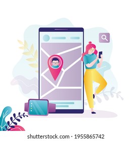 Mom looks at location of son through application. Phone screen with map and child's location point. Concept of parental control and geolocation. Mobile phone and smart watch. Flat vector illustration