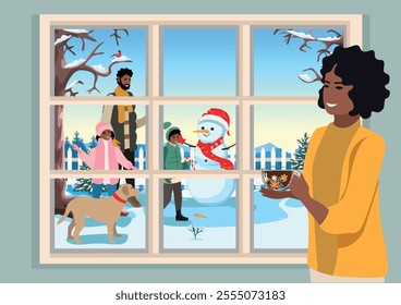 Mom looks out the window as happy children with dad make a snowman and have fun. Active lifestyle. Beauty of winter nature. Vector illustration on abstract background.