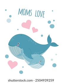 Tarjeta del amor de la mamá con el bebé lindo de la ballena y la madre