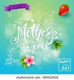 Mom I love you mothers day text and graphic elements surrounded by leaves and flowers in square with blue and green gradient background