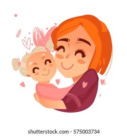 Mom, I love you! Mother`s day cute illustration portrait. March 8