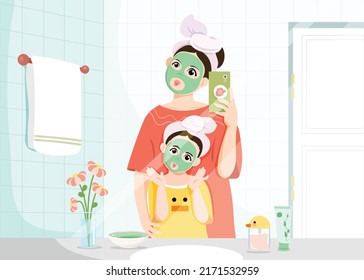 Mom with lovely daughter skincare together. Taking selfie in front of mirror