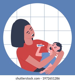 Mom lovingly brushes her baby's teeth. Mother's care for the health of the baby's milk teeth. Young children are unable to brush their teeth on their own. Flat vector illustration.