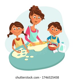 Mamá hace galletas con niños, un niño y una niña. Los niños ayudan a los padres a cocinar. Ilustración vectorial al estilo de las tiras cómicas.