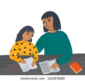 Mom makes with daughter lessons. Character vector illustration teacher or mother helps a girl to learn a lesson.