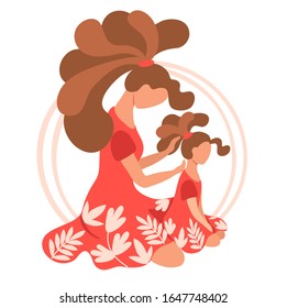 Mom makes her daughter's hair. Flat illustration of young woman and little girl in red dresses with leaves. Vector with happy motherhood for mother day. Parent shows love and care. 