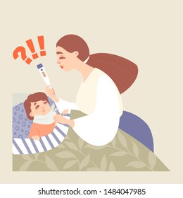 Mom measures the temperature of her sick baby lying in bed. Child health care image for banner design.