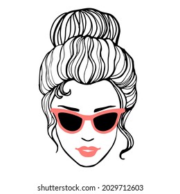 Mom with a Messy Bun, Momlife, Silhouette photo of a woman face with messy hair in a bun and pink sunglasses.