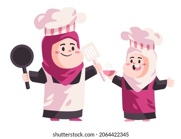 Mom mother and childreen using pink apron and hat hold on kitchen utensils prepare cooking class modern flat color background isolated vector illustration