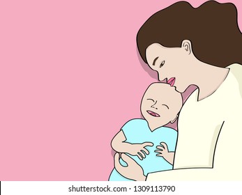 Mom (mother) hug son (baby) and then make him happy.