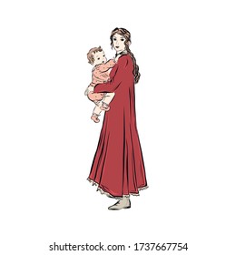 Mom and newborn. Adorable maternity. Woman holds baby in her arms. Elegant lady embraces infant. Family parenthood concept. 