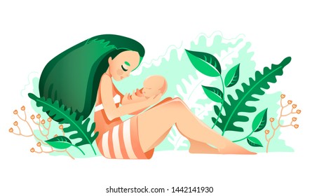 Mom with newborn among greenery, illustration in semi-flat style