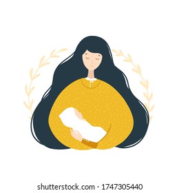 Mom and newborn baby. A brunette woman is holding a baby in her arms. Touching portrait. Vector modern cute illustration in flat cartoon style. Isolated characters on a white background.