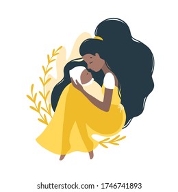 Mom and newborn baby. Dark-skinned Woman in a yellow dress hugs a child. Touching portrait. Vector modern cute illustration in flat cartoon style. Isolated characters on a white background.