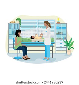 Mom with a newborn baby at a doctor's office appointment. A friendly doctor examines a child. Pediatrics. Vector illustration in flat style on a white background.