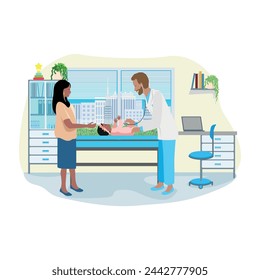 Mom with a newborn baby at a doctor's office appointment. A friendly doctor examines a child. Pediatrics. Vector illustration in flat style on a white background.