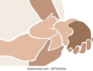 Mom and newborn baby. Motherhood, childcare, tenderness concept. Brest feeding.Woman holding newborn baby, concept vector illustration in cute cartoon style, health, care, maternity.