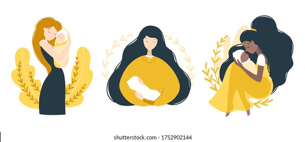 Mom and newborn baby. Set of various women with children. Touching portraits. Vector modern cute illustration in flat cartoon style. Isolated characters on a white background.