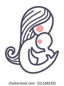 Mom and newborn baby, woman cuddling son or daughter, minimalist portrait or isolated icon. Mother and kiddo, embrace and hug. Maternal love and care towards little child. Vector in flat style