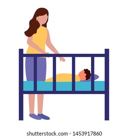 mom newborn in crib pregnancy and maternity vector illustration