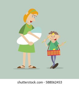 mom with a nursing baby and older son for a walk. the child plays the drum. a character vector illustration