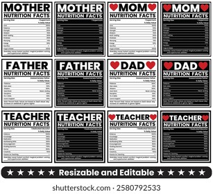 mom nutrition facts, dad nutrition facts, teacher nutrition facts, supplements facts, editable template