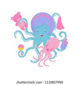 Mom octopus with her little baby. Marine animal holding small bottle, handkerchief and toys in tentacles. Flat vector for poster or banner