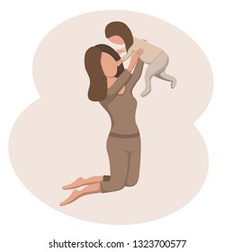 Mom Is On Her Knees And Holding Her Baby Girl Up. Mother's Day. Flat Vector Illustration, Eps 10