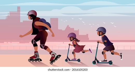 Mom on roller skates with children on scooters ride along the city embankment.Vector illustration for landing page mockup design or advertising banner.