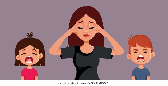 
Mom Overwhelmed by her Kids Screaming at Her Vector Illustration. Unhappy spoiled kids feeling unhappy and stressed out 
