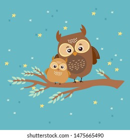 Mom Owl And Baby Owlet Are Sitting On A Branch In The Night Sky, Good Night Kid