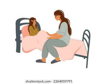 
Mom in pajamas sits on the bed with her daughter before going to bed. Vector illustration