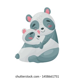 Mom Panda And Cub. Vector Illustration On White Background.