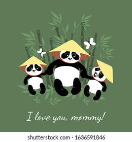 Mom Panda goes for a walk with her children. Illustration for children. Cute pandas.