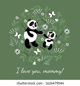 Mom panda picks up a fun little panda. Children's illustration decorated with floral elements by butterflies.