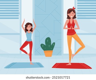 Mom Parent with Daughter Doing Yoga Enjoy Life Vector Illustration