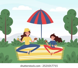 Mom Parent with Daughter Have Picnic in Park Enjoy Life Vector Illustration