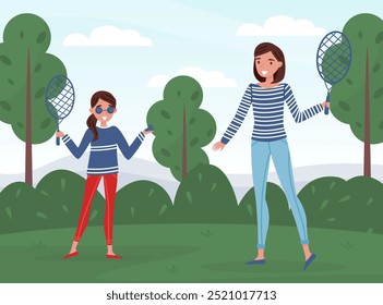 Mom Parent with Daughter Playing Badminton Enjoy Life Vector Illustration