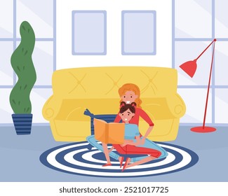 Mom Parent with Daughter Reading Book Sit on Carpet Enjoy Life Vector Illustration