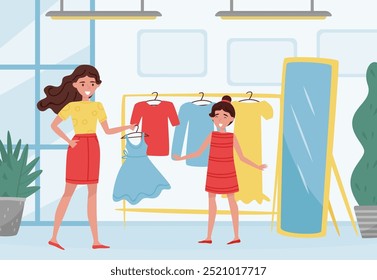 Mom Parent with Daughter Shopping Fitting Dress Enjoy Life Vector Illustration