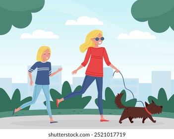 Mom Parent with Daughter Walking Dog Enjoy Life Vector Illustration