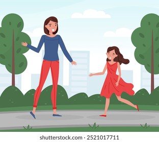 Mom Parent with Daughter Walking in Park Enjoy Life Vector Illustration