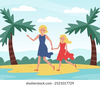 Mom Parent with Kid Run Along Sea Shore Enjoy Parenthood and Maternity Life Vector Illustration