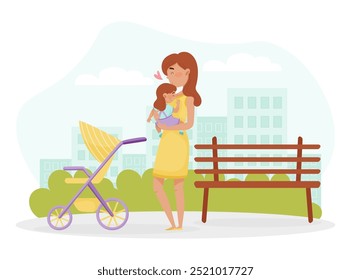 Mom Parent with Kid Walking in the Park with Stroller Enjoy Parenthood and Maternity Life Vector Illustration