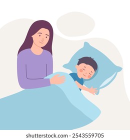 Mamá criando a su hijo durmiendo en la Ilustración vectorial de la cama.