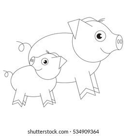 Mom pig and her baby cartoon. Outlined object with black stroke.