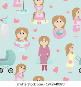 mom in a pink dress with a bouquet of flowers, with a newborn baby in her arms, with a stroller, with purchases, household chores - cooking, cleaning, knitting, vector seamless pattern in a flat style